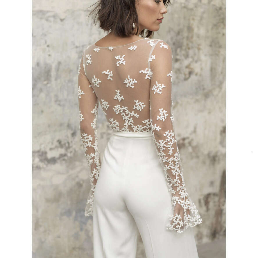Jumpsuits Pcs One Bridal Outfit Beach Wedding Dresses Ankle Length Lace Long Sleeves Brides Reception Gowns Sheath Boho Women Pants Suit