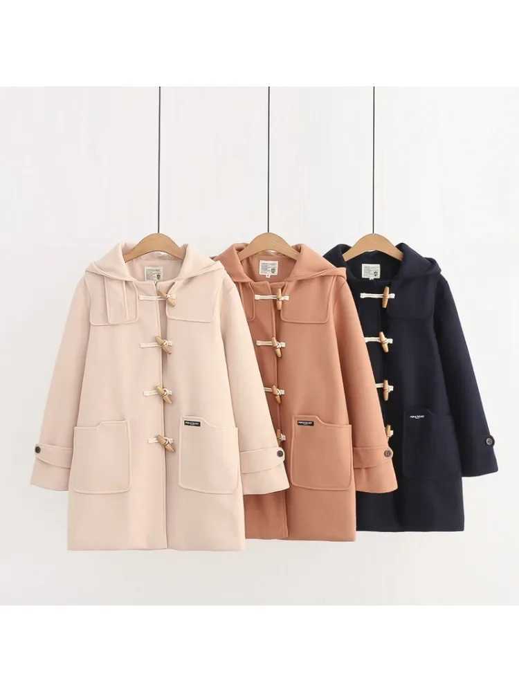 2025 Womens Tweed Coat Winter Korean Fashion Mid-length Coats Vintage Horn Button Hooded Loose Solid Jackets Casual Female TopX241009