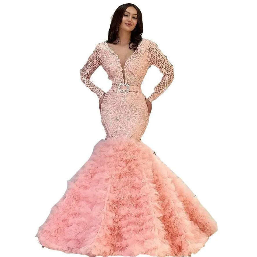 Arabic Mermaid Dresses Prom V Neck Pink Beads Crystal Lace Long Sleeves Tiered Ruffles Tulle Formal Evening Plus Size Pageant Wear Party Gowns Custom 