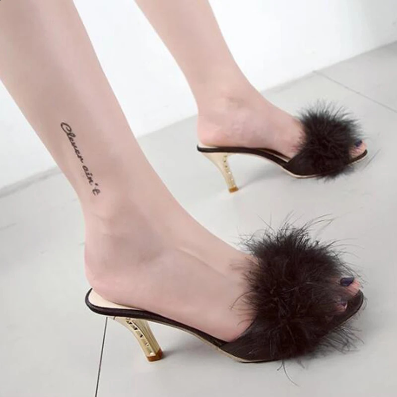 Summer Shoes Woman Feather Thin High Heels Fur Slippers Peep Toe Mules Lady Pumps Slides Shoes Big Size 240927