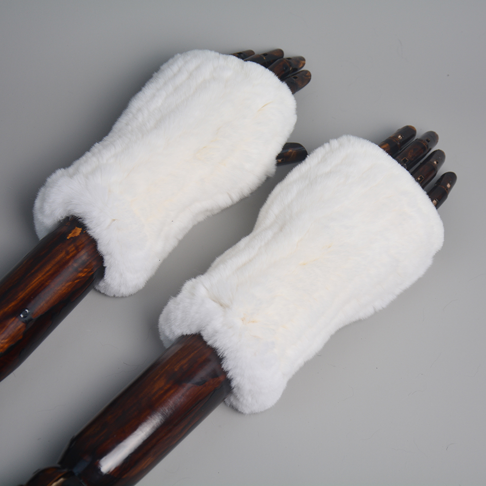 Women Genuine Knitted Rex Rabbit New Winter Warm Lady Real Fingerless Gloves Handmade Knit Fur Mitten