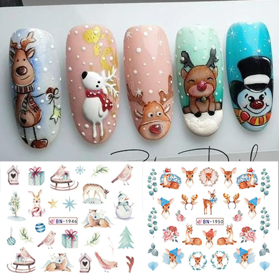 12 Cute Christmas Nail Stickers with Bird Bear Cartoon Animal Snowflake Slide Water Decoration Tips 241008