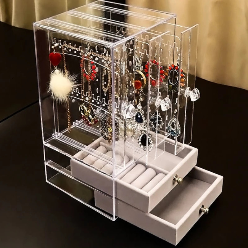 Plastic jewelry box storage womens velvet drawer jewelry organizer box necklace bracelet earring transparent display rack 240924