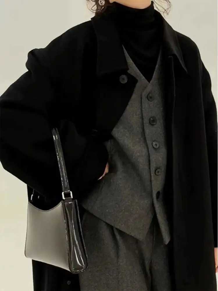 Korean Style Office Lady Woolen Jackets 2024 Autumn And Winter Lapel Single Breasted Loose Elegant Long Womens Wool CoatsX241009