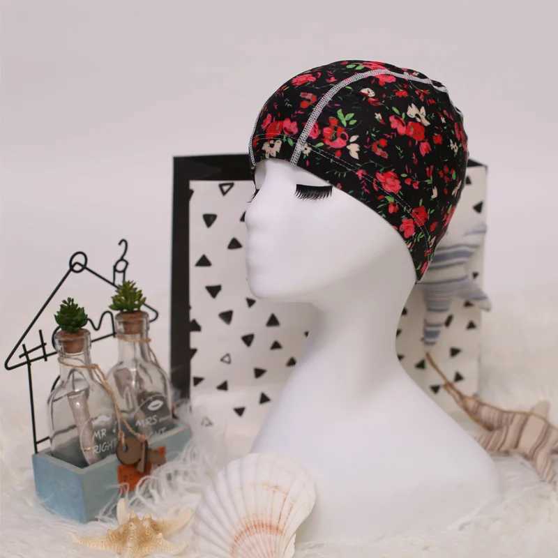 Flower printed fabric swimming cap pool protection long hair ear cap womens swimming cap CL241009