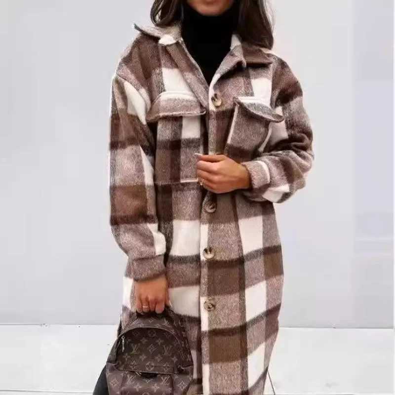 Medium and Long Woolen Coat Jackets Spring and Autumn Shirt Wool Coats Womens Plaid Polished Long Sleeve Pockets Blends OutwearX241009