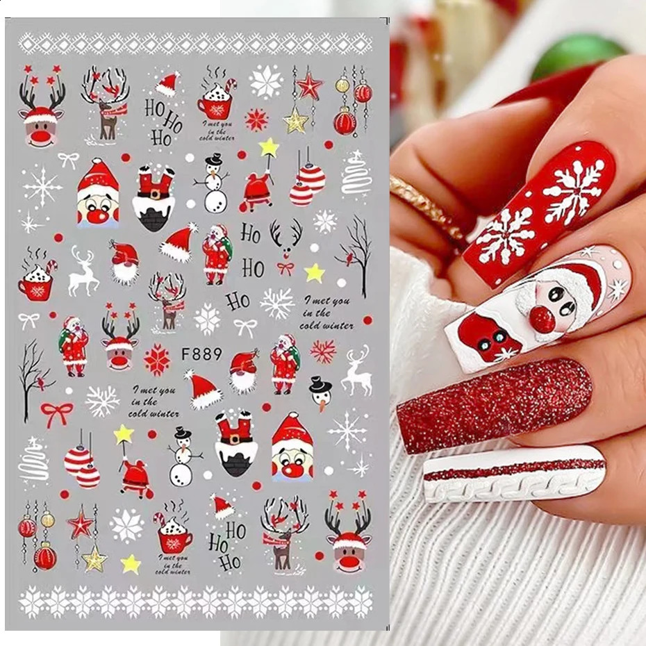 3D Christmas Nail Art Stickers Red Santa Claus Snowflake Elk Holly Winter Stickers Sliders Year Handmade Decoration BEF889 241008