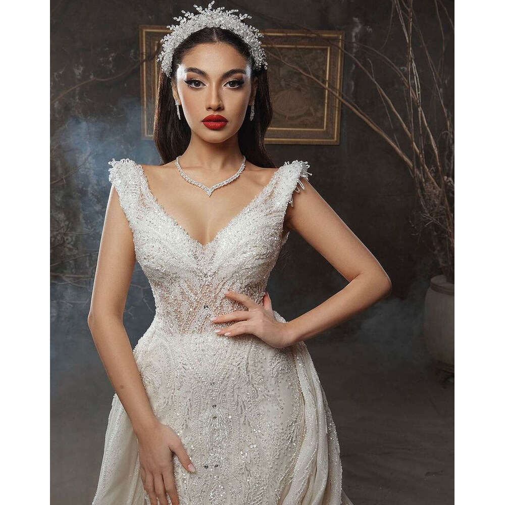ful Wedding Dresses Mermaid V-Neck Sequined Detachable Train Sleeveless Princess Bride Dress Vestido de novia Custom Made