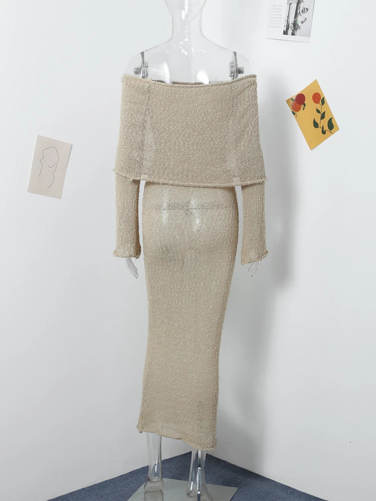 Knitted hollow shoulder Maxi dress womens ultrathin sexy perspective summer beach vacation vest 241007