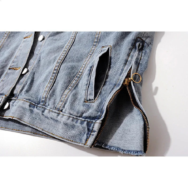 Winter Thick Real Fur Collar Rabbit Liner Denim Jacket Coat Women Outwear Loose Short Hem Split Fork Jeans Female 241008