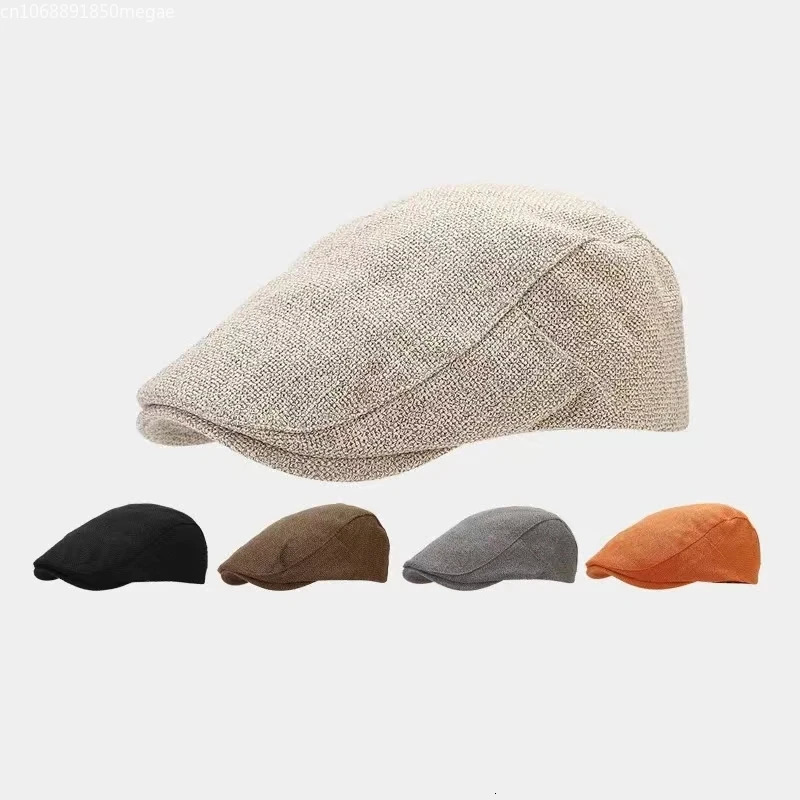 1 piece of summer mens beret linen leather hat adjustable hat breathable retro solid black ivy duckbill hat Boinas Para MUJI 241007