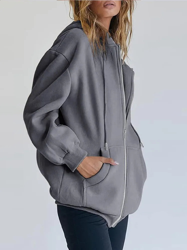 Retro oversized jacket hooded sweatshirt womens loose zipper pocket long sleeved autumn and winter fashion streetwear 241009