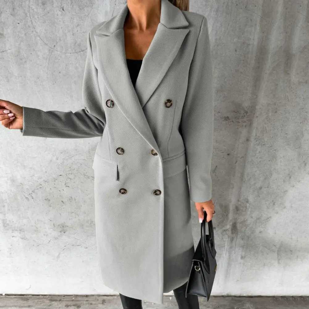New Women Long Jacket Slim Fit Double Breasted Solid Color Woolen Coat Autumn Winter Turndown Collar Outerwear OvercoatX241009