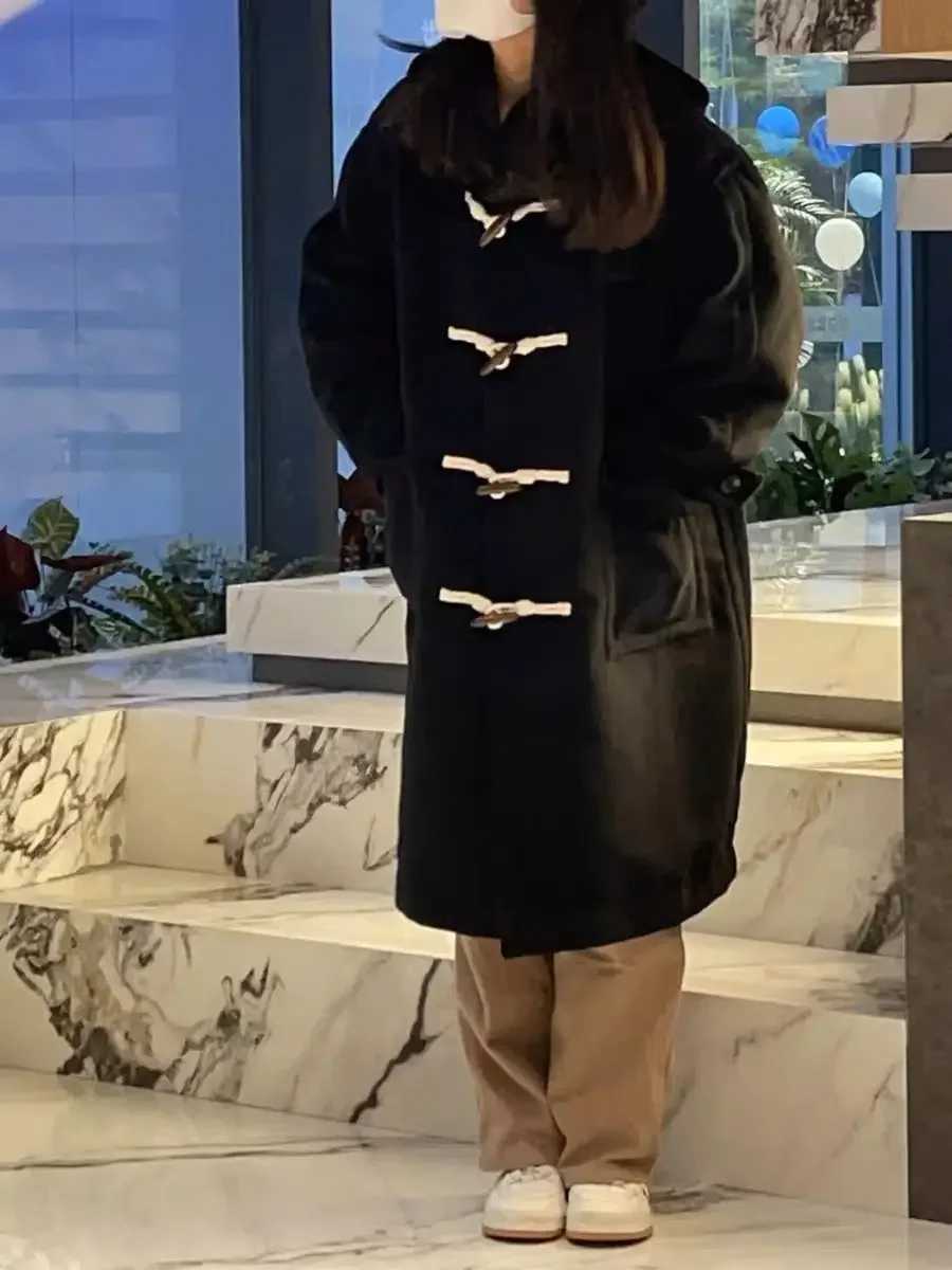 Horn Button Japanese Woolen Coats for Women Winter Jacket Fashion Mid Length Black Hooded Korean Unique Long Coat Women ClothesX241009