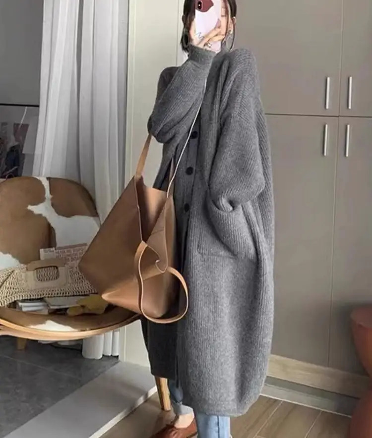 Womens long sleeved knitted cardigan solid casual single chest high neck double pocket jacket winter coat 241007