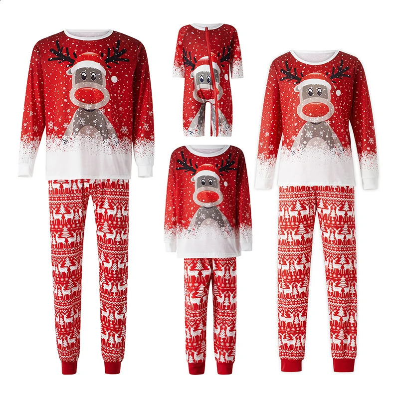 Match Family Christmas Pajama Set Long Sleeve Deer Snow Printed Zipper Pants Set for Adults and Children 241007