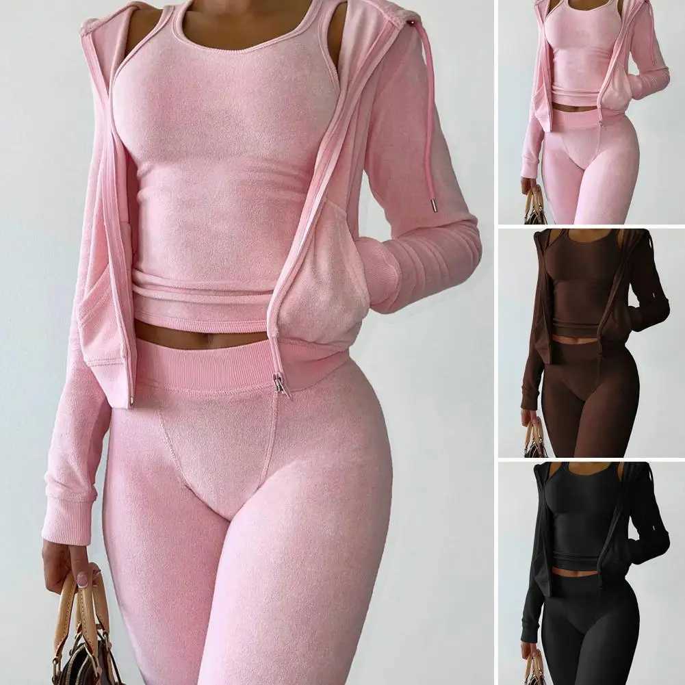 Womens thick wool 3-piece sports pants vest and hooded jacket set autumn and winter jogging luxury set sportswear W241008