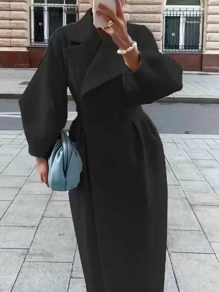 Women Lapel Lantern Sleeve Long Jackets Solid Double Breasted Waist Fold Woolen Coat Winter Thick Warm Female Elegant OutwearX241009