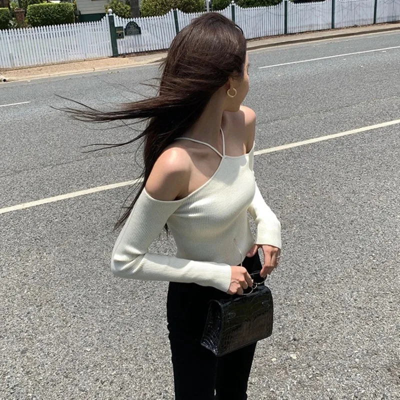 Fashion Pullover Korean Streetwear Womens Sweater Sexy Off Shoulder Ultra Thin Knitted Sweater Long Sleeve Strap Knitted Top 240927