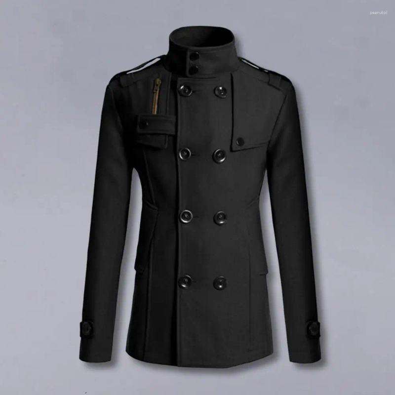 Men's Trench Coats Men Woolen Coat Stand Collar Long Sleeve Windbreaker With Double-Breasted Closure Pockets Solid Color Mid-Length Outwear B4
