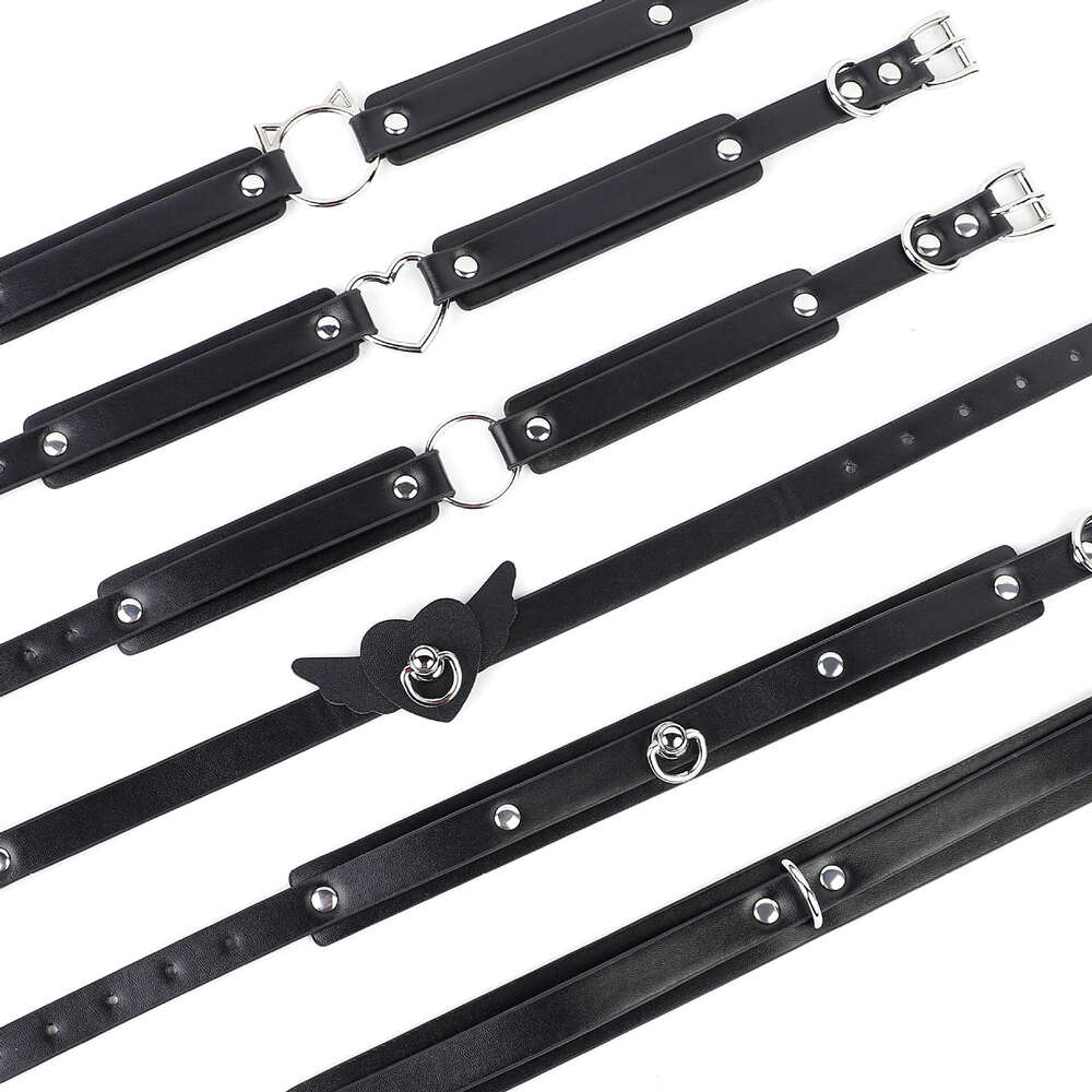 High end SM prop black erotic traction collar PU leather heart hanging ring erotic collar alternative adult products