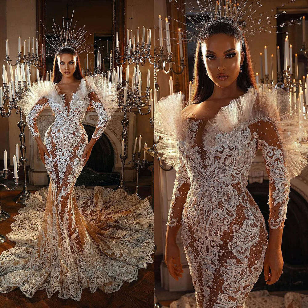 Gorgeous Wedding Dresses Mermaid V-Neck Appliques Pearls Long Sleeve Princess Bride Dress Vestido de novia Custom Made