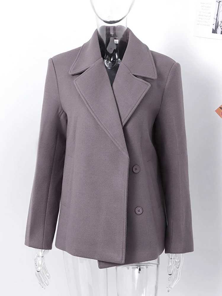 Elegant Faux Woolen Coat Women Gray Lapel Long Sleeve Single Breasted Pocket Jacket Female 2024 Autumn Winter Lady Loose OutwearX241009