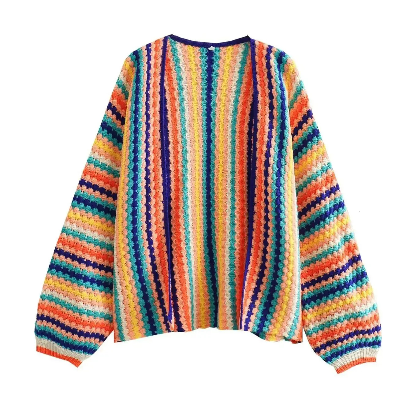 BOHO Contrast Color Geometric Striped Crochet Cardigan Woman Full Lantern Sleeve Sweater Open Stitching Knitwear Jumper Holiday 241009
