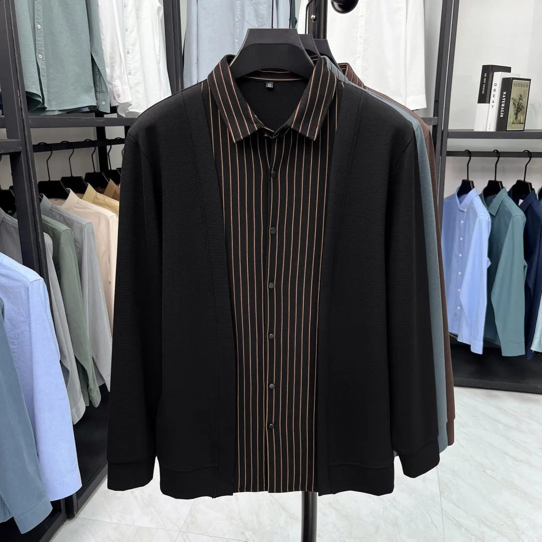 Fashion patchwork shirt collar knitted cardigan sweater mens autumn and winter high-end Korean striped casual sweater jacket 241007