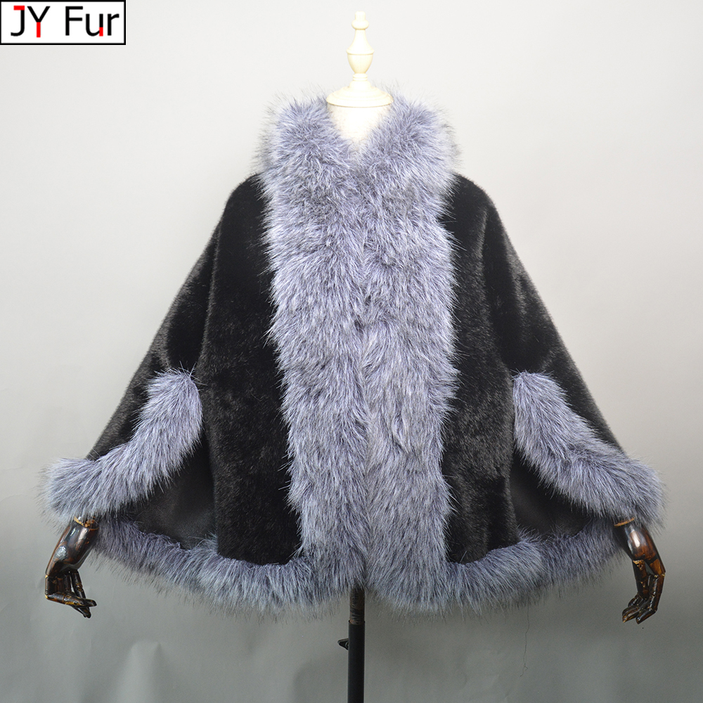 New Knitted Mink Shawl Coat With Fake Fox Fur Collar Womens Fashion Knit Jacket Cape