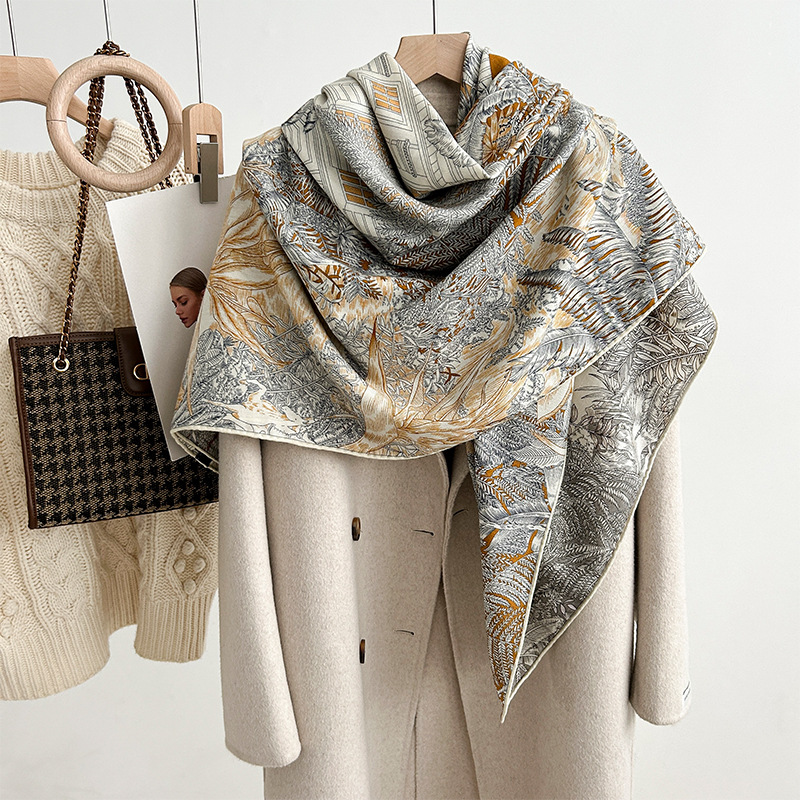 Scarves Silk wool square scarf for women's autumn and winter warmth, high-end feeling, 140 silk wool tropical jungle fashion silk scarf