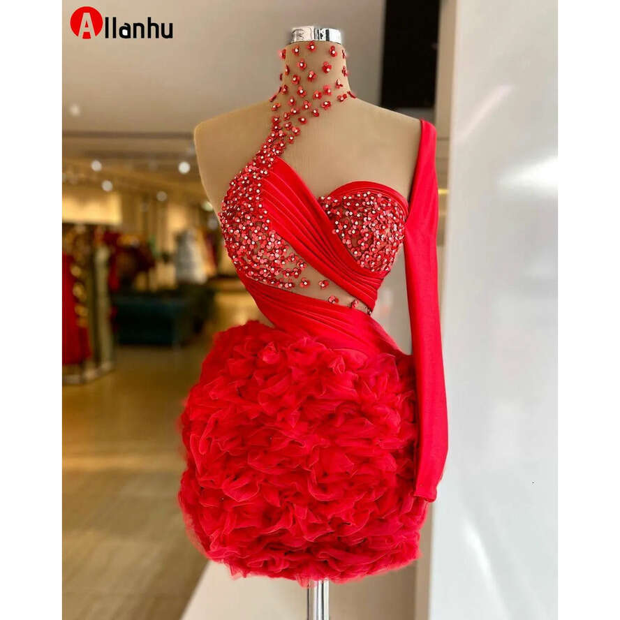 Red NEW Mini 2022 Mermaid Tail Dresses Beading Sheer High Neck One Shoulder Long Sleeve Lace Appliques Arabic Prom Evening Dress Gown Vestidos De Gala