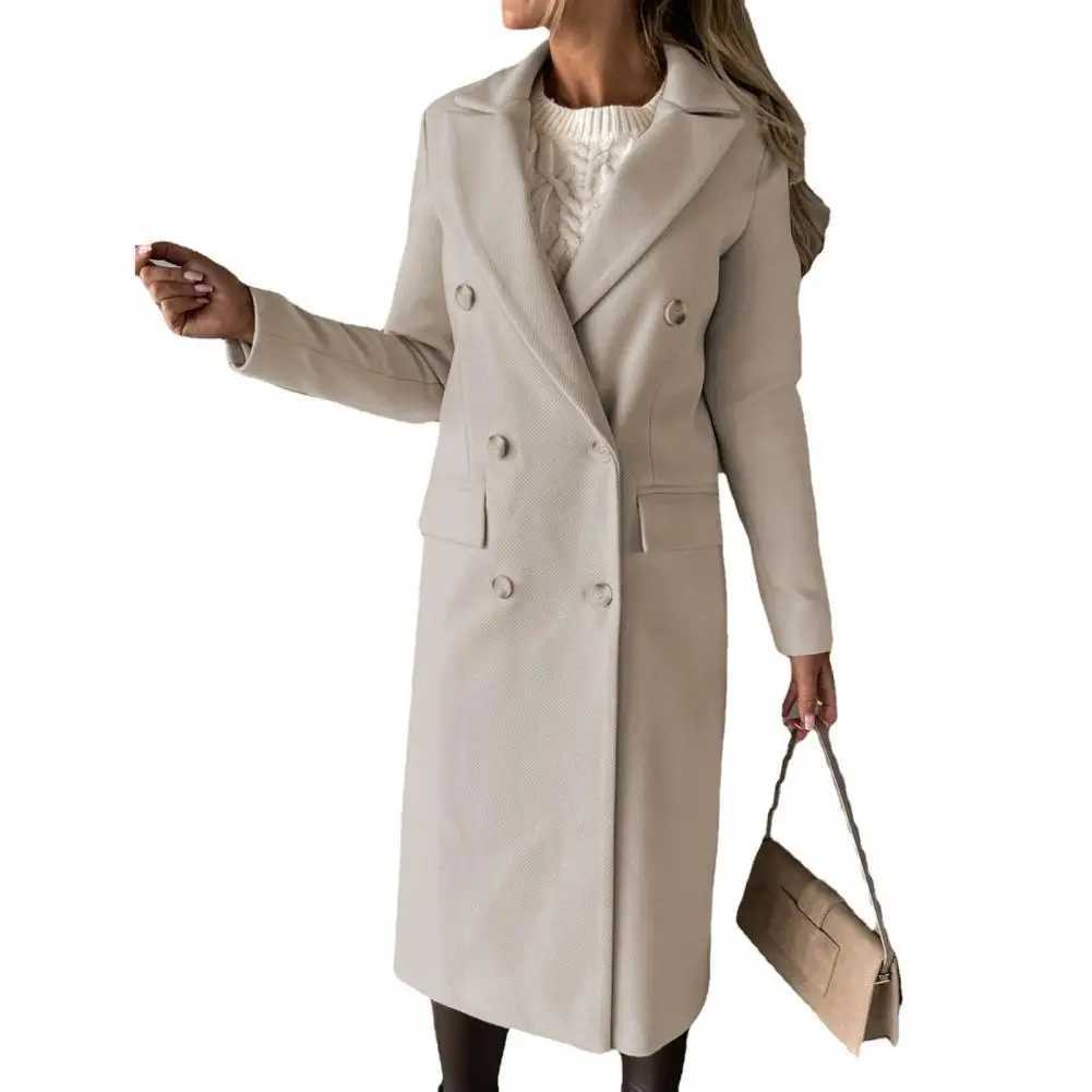 New Women Long Jacket Slim Fit Double Breasted Solid Color Woolen Coat Autumn Winter Turndown Collar Outerwear OvercoatX241009
