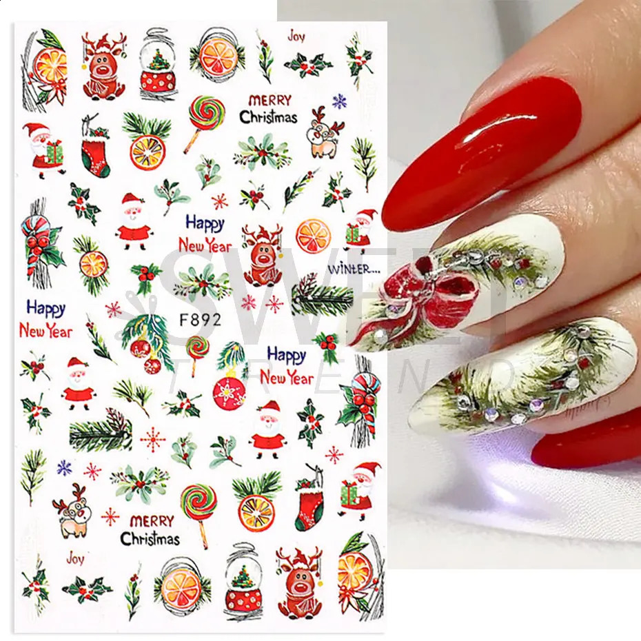 3D Christmas Nail Art Stickers Red Santa Claus Snowflake Elk Holly Winter Stickers Sliders Year Handmade Decoration BEF889 241008