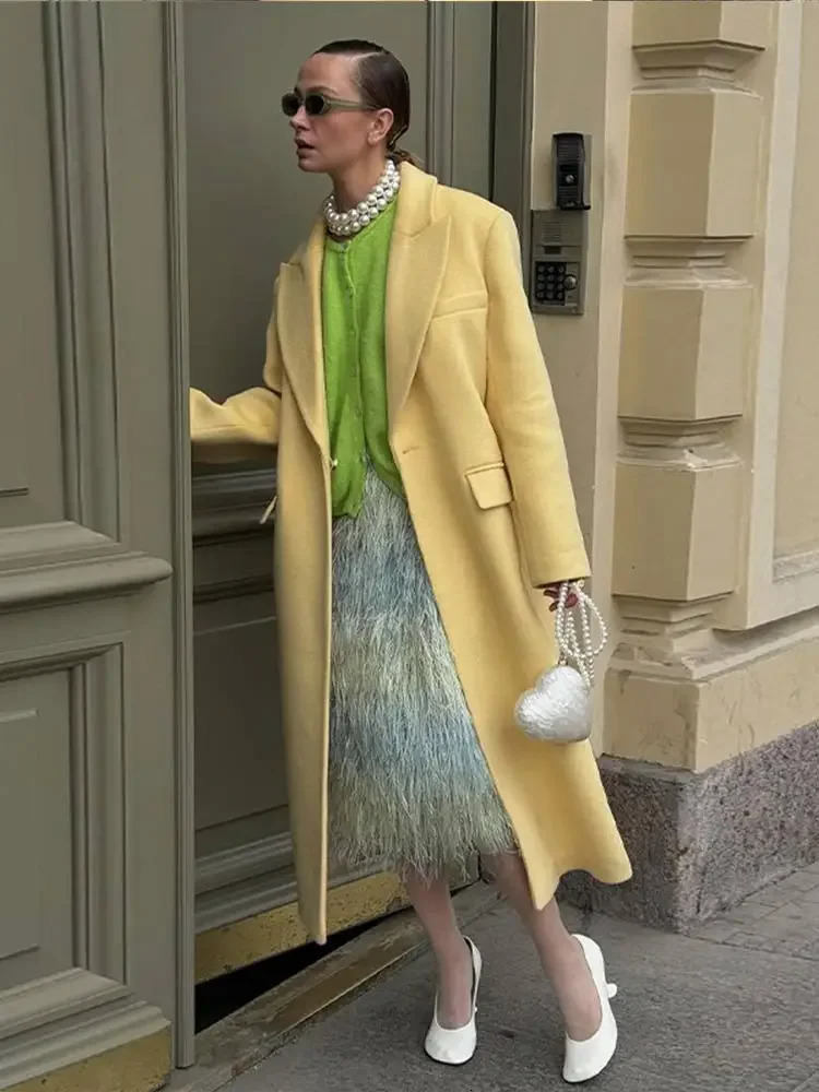 Elegant Lapel With Packet One Button Woolen Coat Women Fashion Yellow Long Sleeve Loose Overcoat 2024 Autumn Winter Lady Outwear 240930