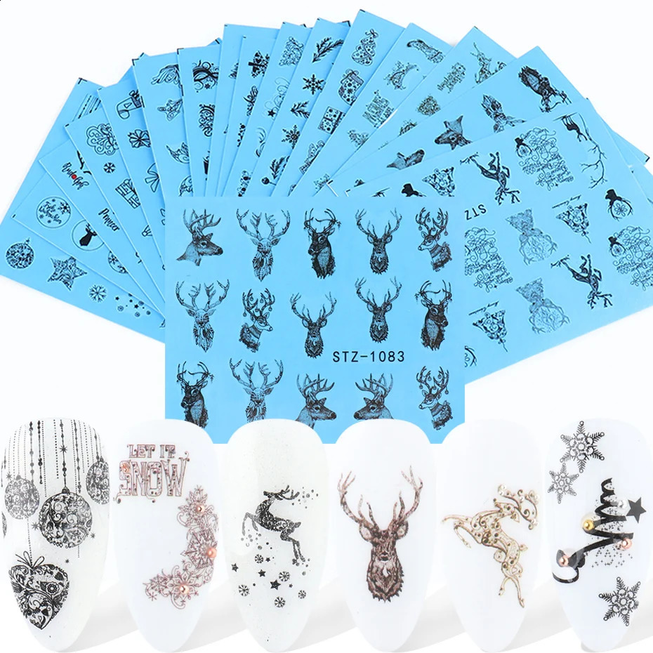 16 pieces of black nail stickers Christmas reindeer tree snowflake water transfer stickers Christmas winter nail accessories SASTZ1082-1097-1 241008