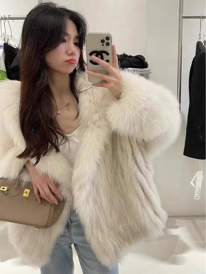 Autumn and winter womens manual doublesided woven highquality real fox fur coat 100% natural jacket loose hooded streetwear 240930