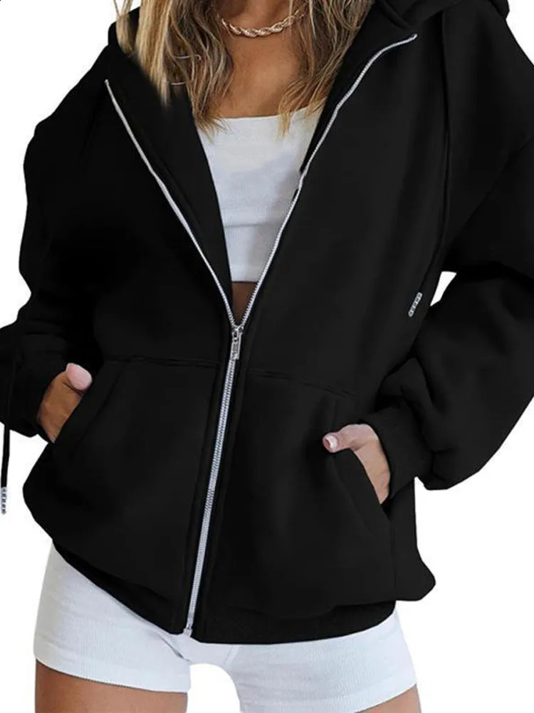Retro oversized jacket hooded sweatshirt womens loose zipper pocket long sleeved autumn and winter fashion streetwear 241009