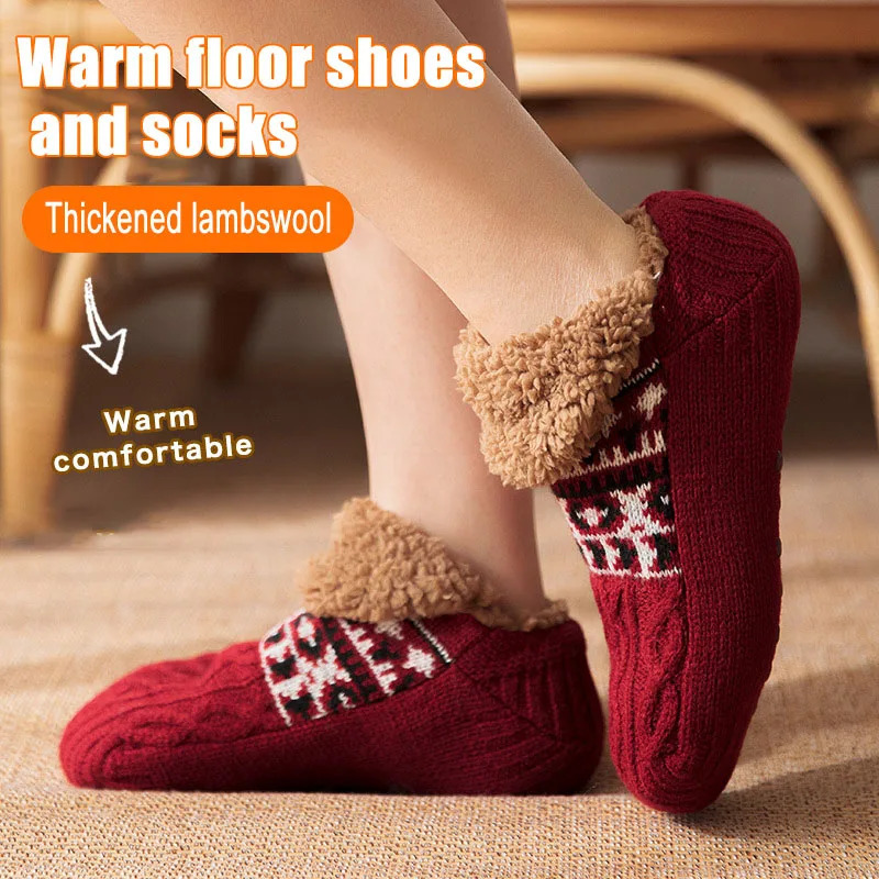 Indoor printed slippers mens thick floor mens socks winter warm bedroom sleep hose anti slip womens wool carpet socks 241009