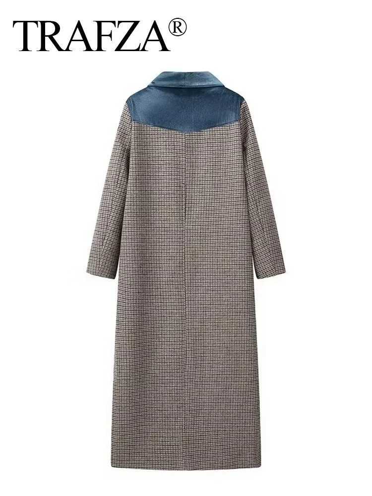 TRAFZA Womens New Fashion Turn Down Collar Long Sleeve Single Button Plaid Wool Coat Female Chic Elegant Pocket Mid-Calf CoatX241009