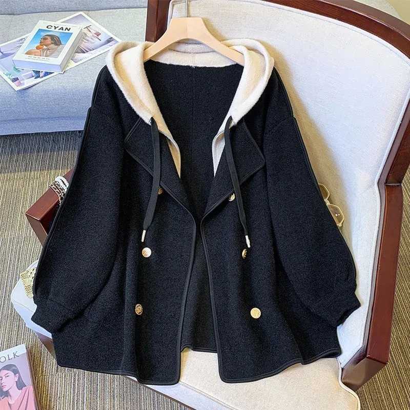 Double-sided Cashmere Fake Two-piece Hooded Woolen Jacket Women 2024Autumn Winter New Temperament Slim Cardigan Wool Coat FemaleX241009