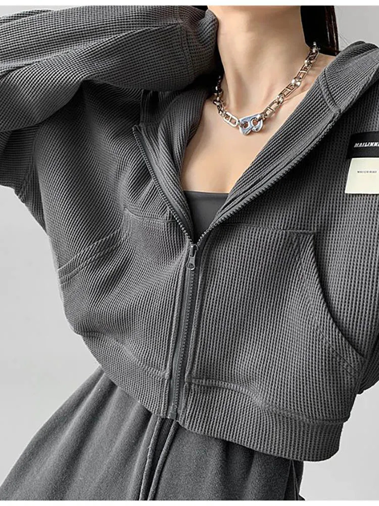 Badypczd womens sportswear waffle casual hooded zipper jacket loose wide leg jogging pants Korean twopiece set clothing 241007