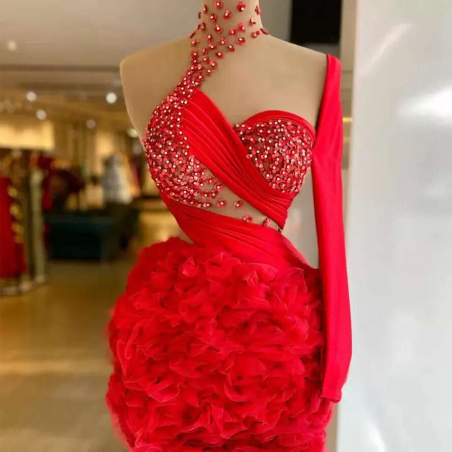 Red NEW Mini 2022 Mermaid Tail Dresses Beading Sheer High Neck One Shoulder Long Sleeve Lace Appliques Arabic Prom Evening Dress Gown Vestidos De Gala