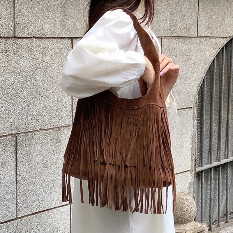 Bohemian synthetic suede bucket bag womens er handbag wallet 2024 tassel inner pocket armpit shoulder 241008