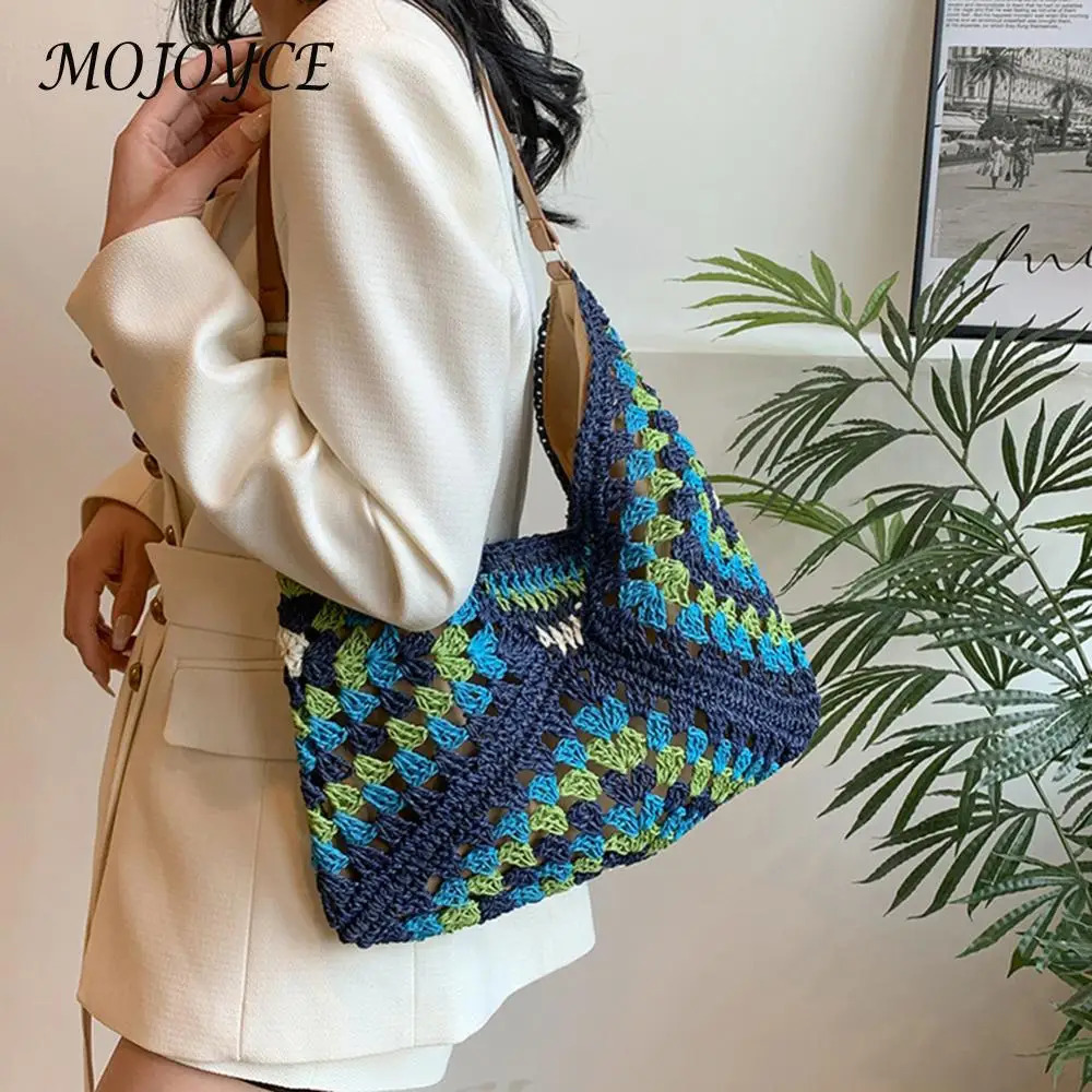 Womens Fashion Grandma Bag Large Capacity Crochet Stray Bag Hollow Handbag Patch Work Buckle Close Outdoor Travel 241008