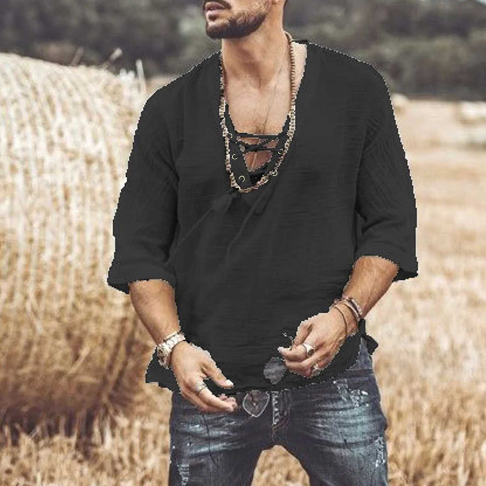 Spring and summer mens T-shirt cotton linen solid color long slip shirt fashionable loose V-neck shirt Strt casual top CL241009