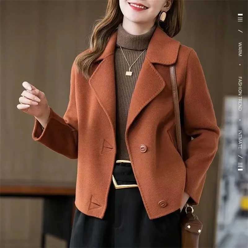 2024 Spring Autumn Women Woolen Coat Fashion Lapel Collar Short Loose Jackets Female Single breasted Solid color OvercoatX241009