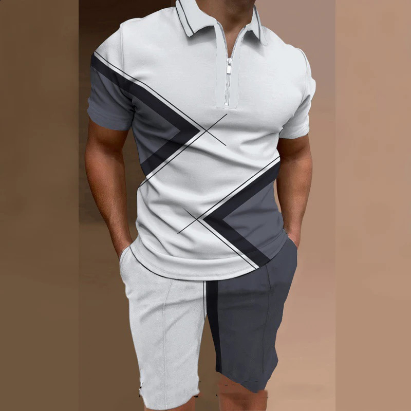 Summer beach element pattern printed mens sportswear set casual zipper polo shirt and shorts 2-piece set vacation party mens clothing 240930