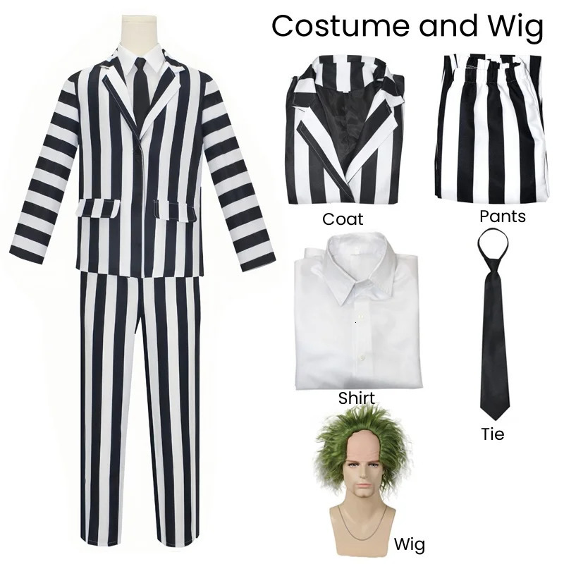 Beetle Juice Mens Black and White Stripe Set Horror Halloween Costume Wig Tie Shirt for Role Playing Parties 241009