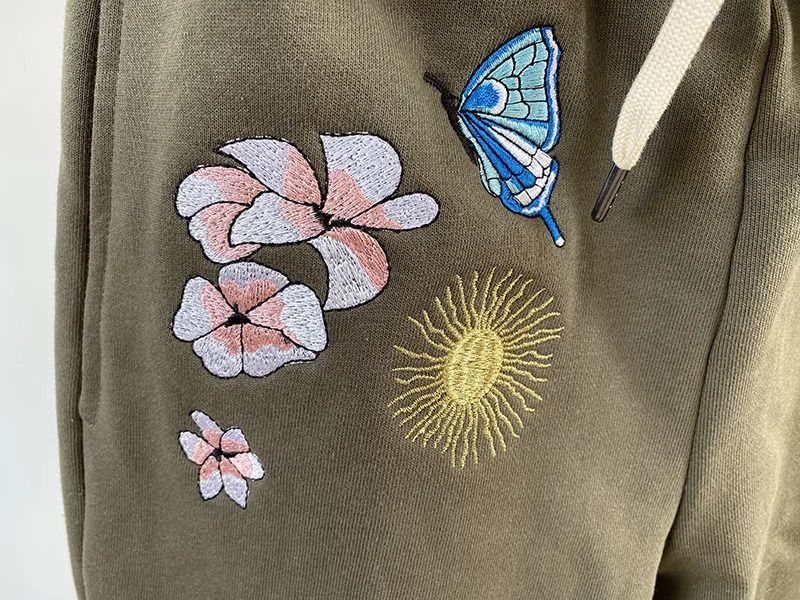 Embroidered womens track suit flower skull wing embroidery hooded sweatshirt butterfly wool sports pants 2PCS set 241007